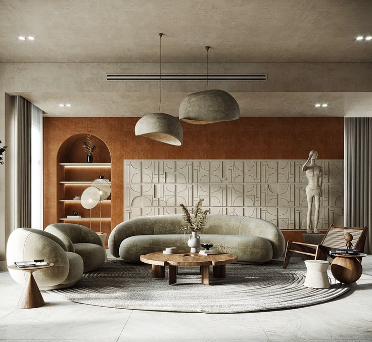 home interior color combination of Livable Green, Rust Orange with Neutrals by hoc designarch, best interior designer in guagaon