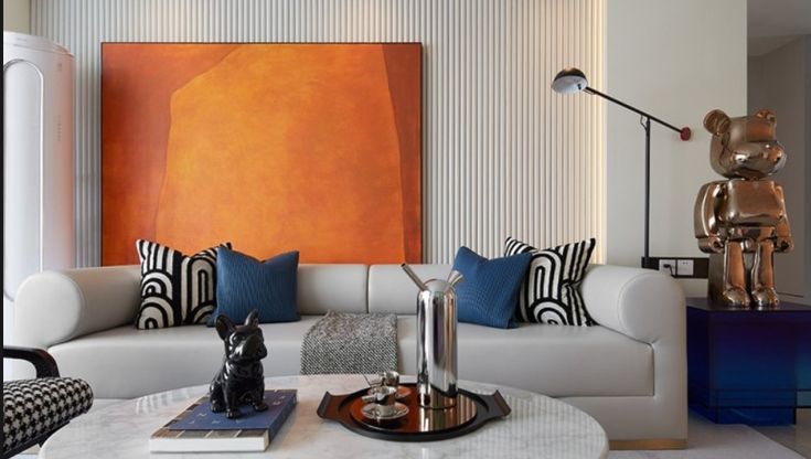 grey with accents of blue and rust orange interior color combination by hoc designarch best interior designer in gurgaon